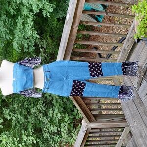 Juniors boho set, denim top & bottom, off shoulder, back zip, bell bottoms, sz L
